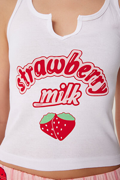 Happiness İstanbul Pletená pyžamová súprava s ružovo-bielymi šortkami pre ženy