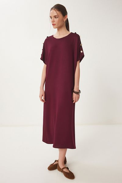 Happiness İstanbul Burgunderrotes, detailliertes Sommer-Strickkleid mit Knöpfen für Damen ZV00291