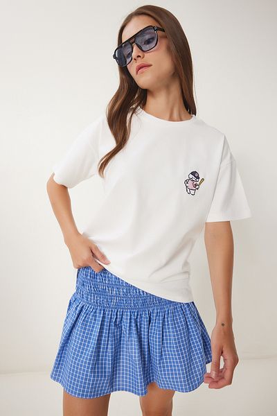 Happiness İstanbul Damen-T-Shirt aus Baumwolle mit Teddybär-Stickerei in Ecru CR00485