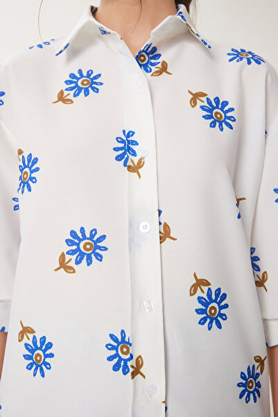 Happiness İstanbul Női fehér kék léggömb ujjú mintás szőtt ing ZV00287