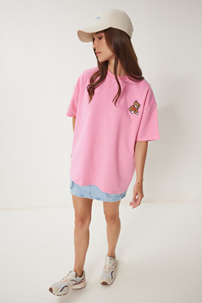 Happiness İstanbul Dámské růžové pletené tričko s vyšívaným medvídkem ZV00286