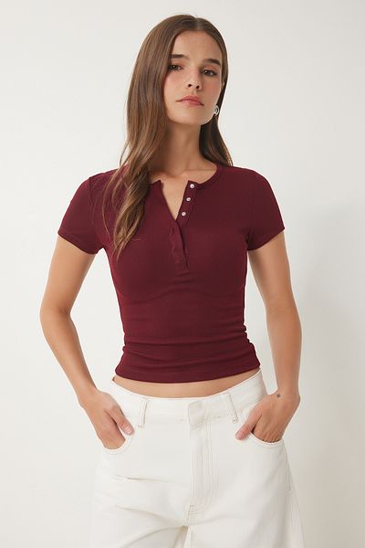 Happiness İstanbul Burgunderrote Basic-Strick-Crop-Bluse mit Druckknopfverschluss für Damen FW00004