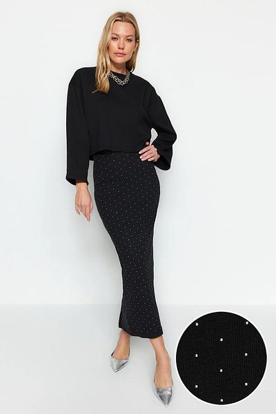 Trendyol Collection Midi pletená sukně z černého lepeného kamene TWOAW24ET00243
