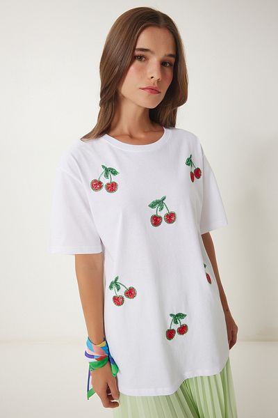 Happiness İstanbul Weißes Damen-T-Shirt mit Perlenstrick BW00002
