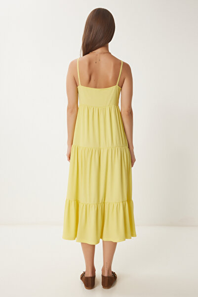 Happiness İstanbul Kadın Sarı Askılı Volanlı Yazlık Örme Elbise UB00077