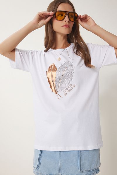 Happiness İstanbul Weißes, mit Steindetails bedrucktes Strick-T-Shirt für Damen BW00004