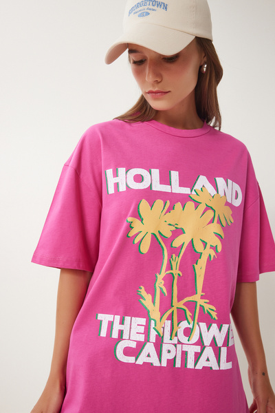 Happiness İstanbul Γυναικείο Πλεκτό Μπλουζάκι με στάμπα σε σκούρο ροζ Oversize JH00054