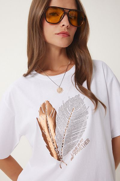 Happiness İstanbul Weißes, mit Steindetails bedrucktes Strick-T-Shirt für Damen BW00004