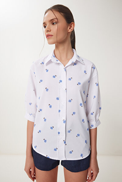 Happiness İstanbul Női fehér léggömb ujjú mintás szőtt ing ZV00287