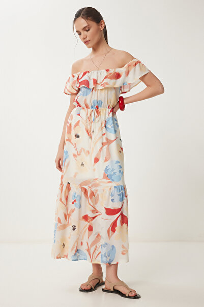 Happiness İstanbul Γυναικείο Καλοκαιρινό Λινό Φόρεμα με Κρεμ Μπλε Καρμέν γιακά RG00057