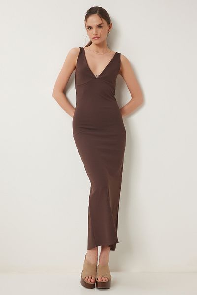 Happiness İstanbul Braunes Midikleid mit V-Ausschnitt für Damen UB00378
