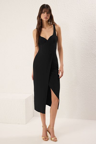 Trendyol Collection Μαύρο ντραπέ πλεκτό Sandy Midi Top Wrap Shirring TPRSS25EL00227
