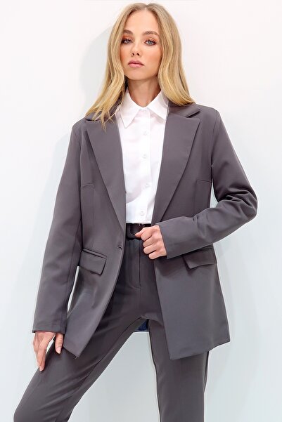 Trend Alaçatı Stili Anthracite Colored Women's Blazer Jacket - Pocket and Button Detail, Padded Shoulder Alc-X12638