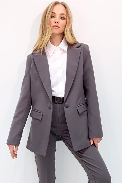 Trend Alaçatı Stili Anthracite Colored Women's Blazer Jacket - Pocket and Button Detail, Padded Shoulder Alc-X12638
