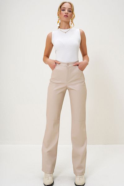 Trend Alaçatı Stili Women's Cream Knee Stitching Faux Leather Palazzo Pants with Pockets Alc-X10843