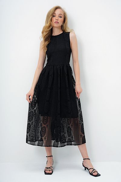 Trend Alaçatı Stili Schwarzes, mit dicken Trägern besticktes, gefüttertes Maxikleid für Damen ALC-X13461