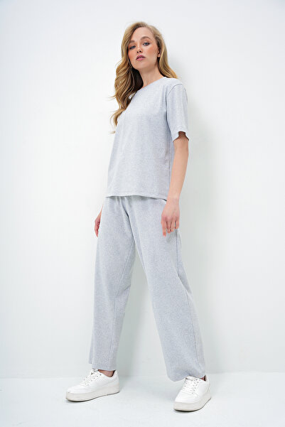 Trend Alaçatı Stili Grimelange Damen-Set aus kurzärmliger Strickbluse mit Rundhalsausschnitt und Palazzo-Hose Alc-X13878