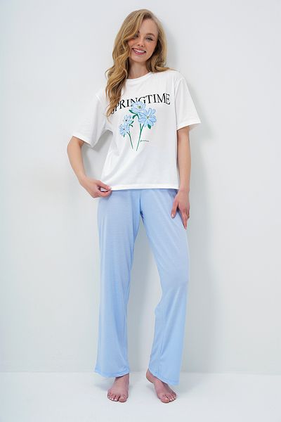 Trend Alaçatı Stili Set de pijamale pentru femei, tricou albastru cu gât și pantaloni de culoare uni Pjm-X13883
