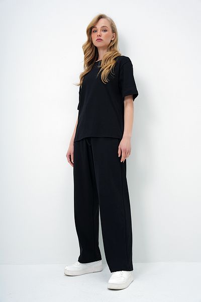 Trend Alaçatı Stili Women Black Bicycle Collar + Tie + Blouse + Palazzo Pants Set Alc-X13878