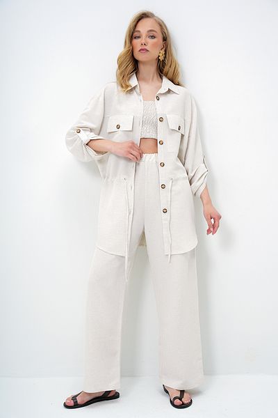 Trend Alaçatı Stili Women's Ecru Shirt Collar Double Pocket Tie Linen Safari Jacket and Trousers Set Alc-X14060
