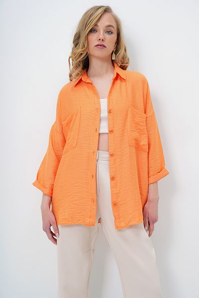 Trend Alaçatı Stili Γυναικείο Πορτοκαλί Διπλή Τσέπη Oversize Υφαντό Πουκάμισο Alc-X13960