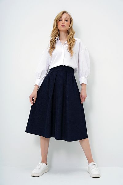 Trend Alaçatı Stili Marineblauer Damenrock mit hoher Taille, breitem Gürtel und verstecktem Reißverschluss, Midi-Länge, strukturierter Rock Alc-X13473