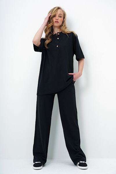 Trend Alaçatı Stili Women's Black Double Sleeve Collar Buttoned Top and Bottom Set with Trousers Alc-X11487