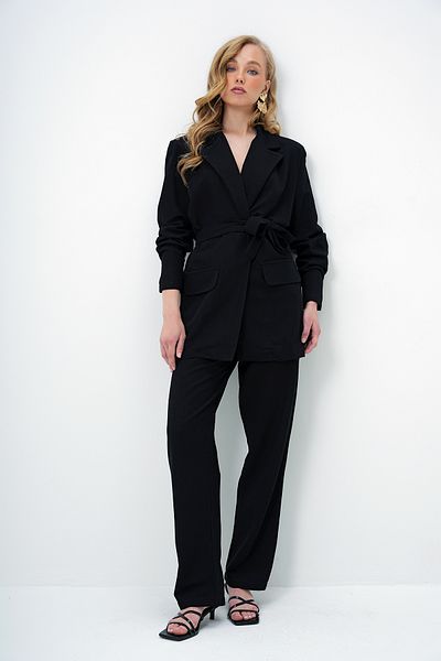 Trend Alaçatı Stili Women's Black Belt Detailed Linen Jacket and Double Pocket Trousers Set Alc-X14061