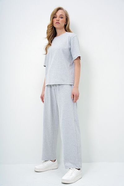 Trend Alaçatı Stili Women's Grimelange Crew Neck Short Sleeve Knitted Blouse and Palazzo Pants Set Alc-X13878