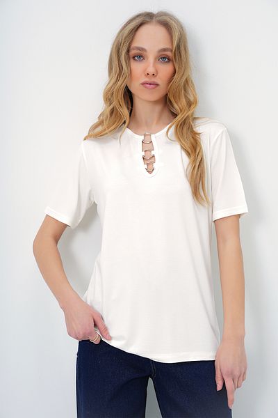 Trend Alaçatı Stili Dámské tričko Ecru Crew Neck Ring Detailní tričko Basic s krátkým rukávem ALC-X13529