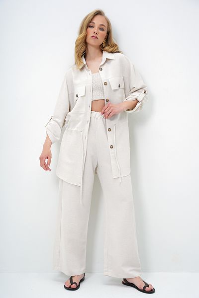 Trend Alaçatı Stili Women's Ecru Shirt Collar Double Pocket Tie Linen Safari Jacket and Trousers Set Alc-X14060