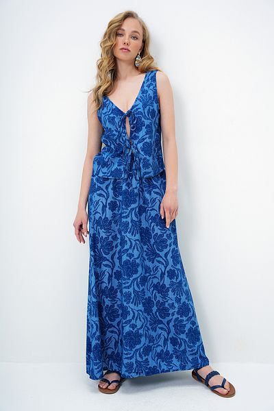 Trend Alaçatı Stili Women's Navy Blue Woven Fabric Vest and Skirt Set with Tie Front Detail Alc-X13871