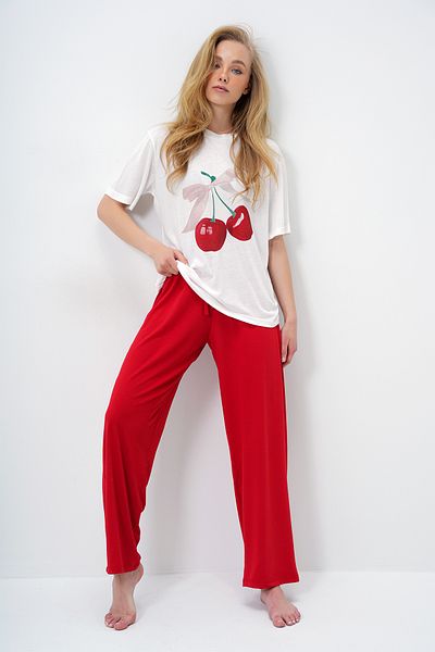 Trend Alaçatı Stili Costum de pijama pentru damă, burgundă, cu decolteu, tricou și pantaloni uni PJM-X13883