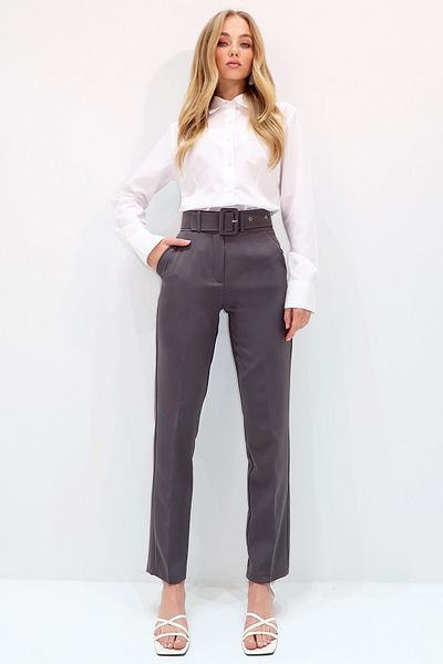 Trend Alaçatı Stili Women's Anthracite Double Pocket Pleated Waist Belt Straight Fit Trousers Alc-X8177