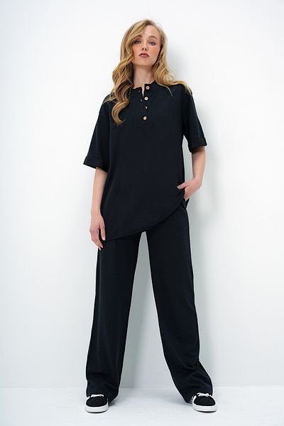 Trend Alaçatı Stili Women's Black Double Sleeve Collar Buttoned Top and Bottom Set with Trousers Alc-X11487
