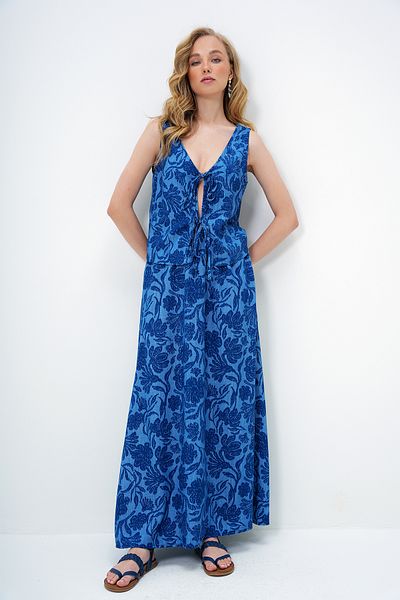 Trend Alaçatı Stili Women's Navy Blue Woven Fabric Vest and Skirt Set with Tie Front Detail Alc-X13871
