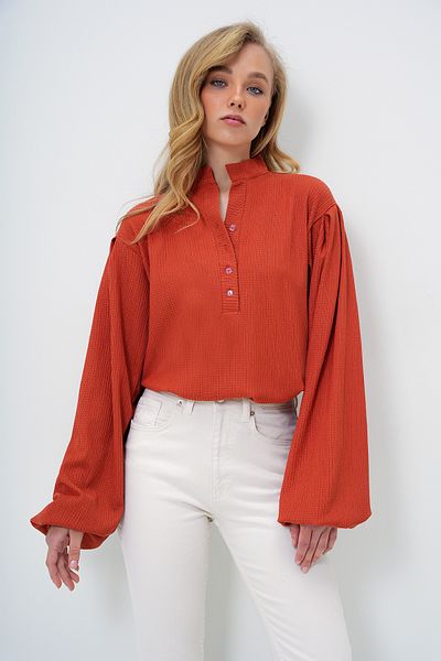 Trend Alaçatı Stili Women's Tile Judge Collar Front Buttoned Balloon Sleeve Textured Shirt Blouse Alc-X11872