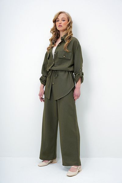 Trend Alaçatı Stili Women's Khaki Shirt Collar Double Pocket Tied Linen Safari Jacket and Pants Set Alc-X14060
