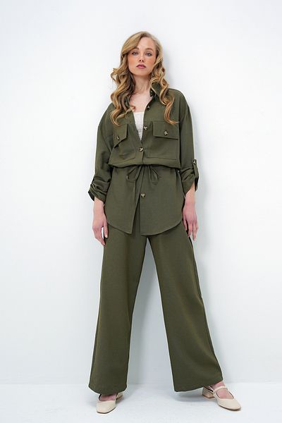 Trend Alaçatı Stili Women's Khaki Shirt Collar Double Pocket Tied Linen Safari Jacket and Pants Set Alc-X14060