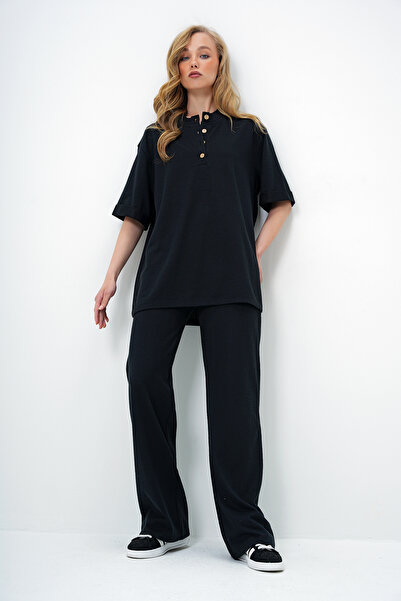 Trend Alaçatı Stili Schwarzer Damenanzug mit doppeltem Ärmelkragen und geknöpftem Oberteil und Hose Alc-X11487