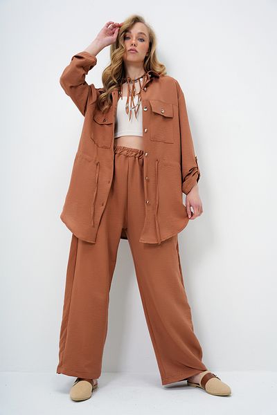 Trend Alaçatı Stili Women's Brown Double Pocket Safari Jacket and Elastic Waist Wide Leg Aerobin Trousers Suit Ymx8448
