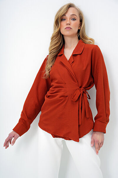 Trend Alaçatı Stili Women's Tan Cuff Sleeves Lacing Detailed Regular Regular Fit Woven Shirt Alc-X13882