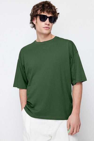 Trendyol Collection Μπλουζάκι από 100% βαμβάκι Khaki Oversize Basic κοντά μανίκια