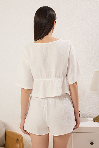 Trendyol Collection Ecru Plain Lace Detailed Muslin Woven Pajamas with Shorts Thmss25Pt00327