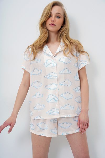 Trend Alaçatı Stili Women Ecru Cloud Patterned Knitted Cotton Shirt and Shorts Pajamas Set Pjm-X13887