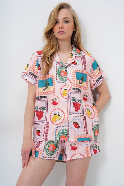 Trend Alaçatı Stili Women's Powder Patterned Front Buttoned Woven Shirt and Shorts Pajama Set Pjm-X13890
