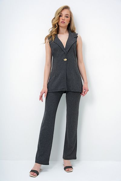 Trend Alaçatı Stili Women Anthracite Jacket Collar Metal Buttoned Seersucker Fabric Vest and Palazzo Pants Suit Alc-X13933