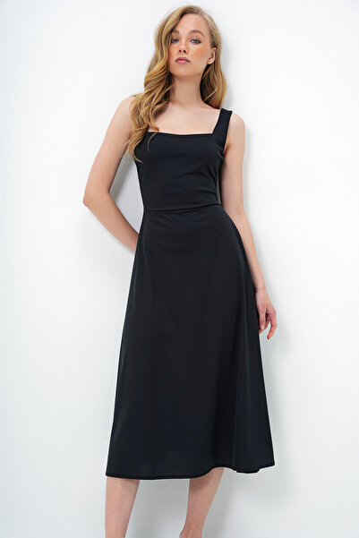 Trend Alaçatı Stili Kadın Siyah Kare Yaka Kalın Askı Tasarım Midi Boy Elbise ALC-X13875