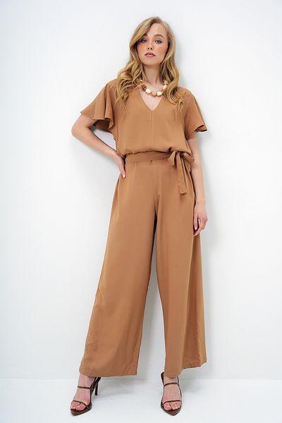 Trend Alaçatı Stili Women's Caramel V Neck Flared Sleeves Self Belted Woven Summer Jumpsuit Alc-X13787