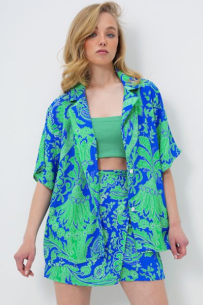 Trend Alaçatı Stili Női Saks kabát hajtóka Oversize poplin ing és felköthető rövidnadrág szoknya szett ALC-X13941